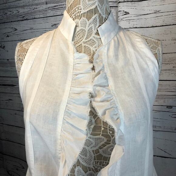 Subtle Luxury Linen White sleevless top with ruffels and high neck size small - Picture 5 of 12